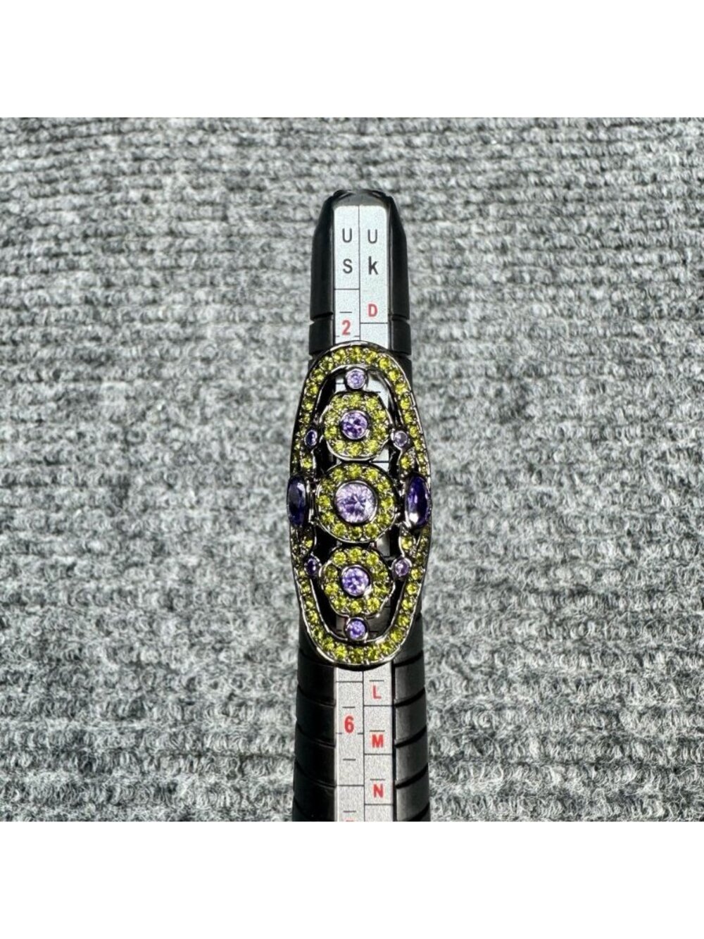 Vintage Large Rhinestone Statement Ring Size 4 Blackened Purple Green Elongated